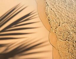 empty abstract sand beach with palm leaf shadow and transparent water wave from above, blank background banner for travel, vacation and wellbeing with copy space. top of views, aerial views. photo