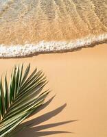 empty abstract sand beach with palm leaf shadow and transparent water wave from above, blank background banner for travel, vacation and wellbeing with copy space. top of views, aerial views. photo