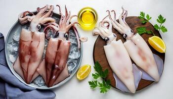 fresh raw squid, seafood. From nature, top view. It is isolated on white background. photo