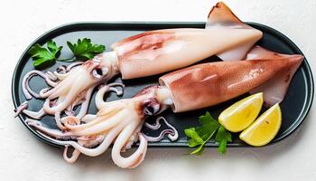 fresh raw squid, seafood. From nature, top view. It is isolated on white background. photo