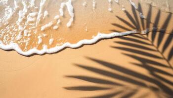 empty abstract sand beach with palm leaf shadow and transparent water wave from above, blank background banner for travel, vacation and wellbeing with copy space. top of views, aerial views. photo
