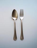 spoon and fork kept on white background. ready to eat concept. flat lay background concept photo