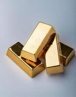 Gold bars ingot isolated on white background. flat lay background concept with copy space. photo