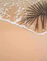 empty abstract sand beach with palm leaf shadow and transparent water wave from above, blank background banner for travel, vacation and wellbeing with copy space. top of views, aerial views. photo