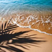 empty abstract sand beach with palm leaf shadow and transparent water wave from above, blank background banner for travel, vacation and wellbeing with copy space. top of views, aerial views. photo