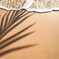 empty abstract sand beach with palm leaf shadow and transparent water wave from above, blank background banner for travel, vacation and wellbeing with copy space. top of views, aerial views. photo