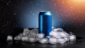Cold drink can with lots of ice cubes. Summer refreshing drink adorned with glistening water droplets seamless. mock up. photo