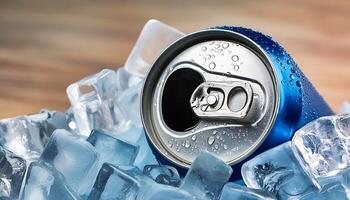 Cold drink can with lots of ice cubes. Summer refreshing drink adorned with glistening water droplets seamless. mock up. photo