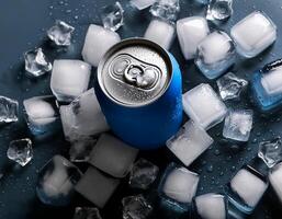 Cold drink can with lots of ice cubes. Summer refreshing drink adorned with glistening water droplets seamless. mock up. photo