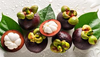 Creative food concept. Fresh a pile of Top view of half ripe Mangosteen with leaves. photo
