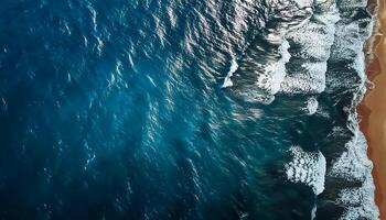 empty abstract sand beach with palm leaf shadow and transparent water wave from above, blank background banner for travel, vacation and wellbeing with copy space. top of views, aerial views. photo