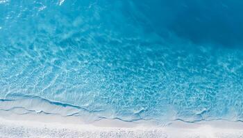 empty abstract sand beach with palm leaf shadow and transparent water wave from above, blank background banner for travel, vacation and wellbeing with copy space. top of views, aerial views. photo