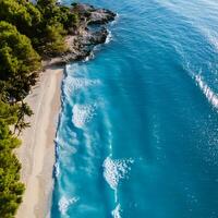 empty abstract sand beach with palm leaf shadow and transparent water wave from above, blank background banner for travel, vacation and wellbeing with copy space. top of views, aerial views. photo
