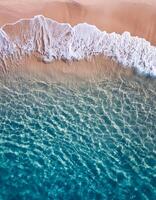 empty abstract sand beach with palm leaf shadow and transparent water wave from above, blank background banner for travel, vacation and wellbeing with copy space. top of views, aerial views. photo