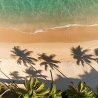 empty abstract sand beach with palm leaf shadow and transparent water wave from above, blank background banner for travel, vacation and wellbeing with copy space. top of views, aerial views. photo