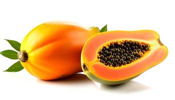 fresh whole and half of ripe papaya fruit isolated on white background photo