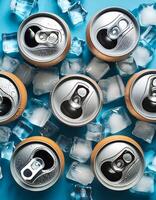 Cold drink can with lots of ice cubes. Summer refreshing drink adorned with glistening water droplets seamless. mock up. photo