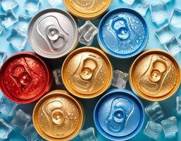 Cold drink can with lots of ice cubes. Summer refreshing drink adorned with glistening water droplets seamless. mock up. photo
