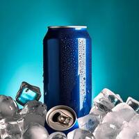 Cold drink can with lots of ice cubes. Summer refreshing drink adorned with glistening water droplets seamless. mock up. photo