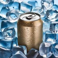 Cold drink can with lots of ice cubes. Summer refreshing drink adorned with glistening water droplets seamless. mock up. photo