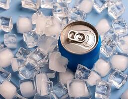 Cold drink can with lots of ice cubes. Summer refreshing drink adorned with glistening water droplets seamless. mock up. photo