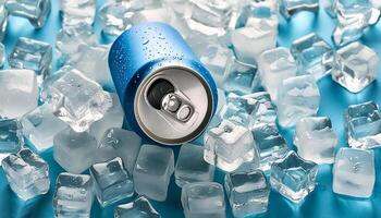 Cold drink can with lots of ice cubes. Summer refreshing drink adorned with glistening water droplets seamless. mock up. photo