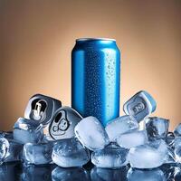 Cold drink can with lots of ice cubes. Summer refreshing drink adorned with glistening water droplets seamless. mock up. photo