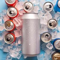 Cold drink can with lots of ice cubes. Summer refreshing drink adorned with glistening water droplets seamless. mock up. photo