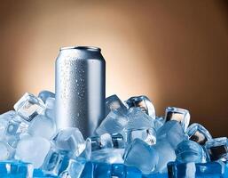 Cold drink can with lots of ice cubes. Summer refreshing drink adorned with glistening water droplets seamless. mock up. photo