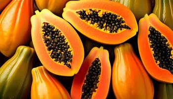 Whole and half of ripe papaya fruit. pattern texture background. photo