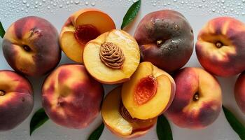 Creative food concept. Fresh a pile of organic ripe peach isolated on white background. photo