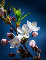 Cherry blossoms in all their glory on a sunny spring day. Close-up showing white petals, yellow-green stamens and pink buds on a twig on sunny and blue sky day. Flowers isolated on bright blue sky photo