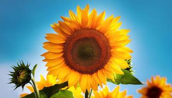 Sunflowers bloom in all their glory on a sunny spring day. Close-up view shows petals, stamens, and buds on a twig on a clear, blue sky day. Sunflower isolated on clear blue sky photo