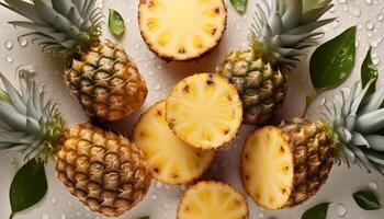 Creative food concept. Fresh a pile of Top view of half ripe Fresh ripe pineapple fruit photo