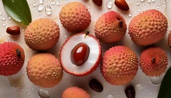 Creative food concept. Fresh a pile of Top view of half ripe Fresh ripe Red Lychee fruit isolated on white background. photo