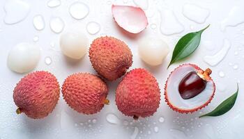 Creative food concept. Fresh a pile of Top view of half ripe Fresh ripe Red Lychee fruit isolated on white background. photo