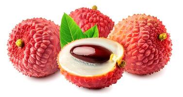 Creative food concept. Fresh a pile of Top view of half ripe Fresh ripe Red Lychee fruit isolated on white background. photo