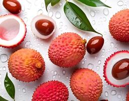 Creative food concept. Fresh a pile of Top view of half ripe Fresh ripe Red Lychee fruit isolated on white background. photo