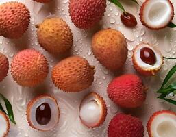 Creative food concept. Fresh a pile of Top view of half ripe Fresh ripe Red Lychee fruit isolated on white background. photo