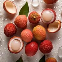 Creative food concept. Fresh a pile of Top view of half ripe Fresh ripe Red Lychee fruit isolated on white background. photo