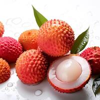 Creative food concept. Fresh a pile of Top view of half ripe Fresh ripe Red Lychee fruit isolated on white background. photo