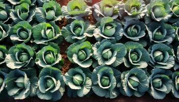Rows of vibrant green cabbages thriving in the rich soil, showcasing nature's bounty. top of views. aerial views. flat lay photo