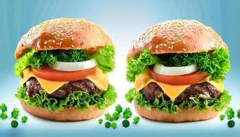 Delicious burger with many ingredients isolated on white background Tasty cheeseburger splash sauce photo