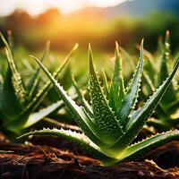 Photo of aloe vera plant with soft blur background in plantation