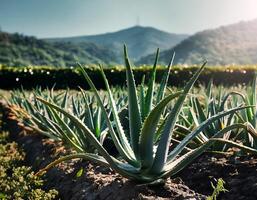 Photo of aloe vera plant with soft blur background in plantation