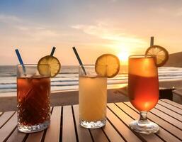 drinks with blur beach and sunset in background. concept of leisure, holiday, relaxation photo