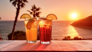 drinks with blur beach and sunset in background. concept of leisure, holiday, relaxation photo