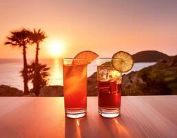 drinks with blur beach and sunset in background. concept of leisure, holiday, relaxation photo