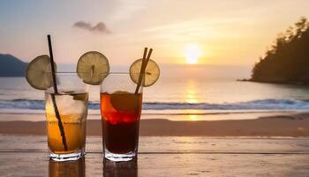 drinks with blur beach and sunset in background. concept of leisure, holiday, relaxation photo