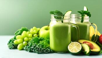 Creative food concept. Glass jar mugs with green health smoothie, kale leaves, lime, apple, kiwi, grapes, banana, avocado, lettuce. Copy space. Raw, vegan, vegetarian, alkaline food concept. Banner photo